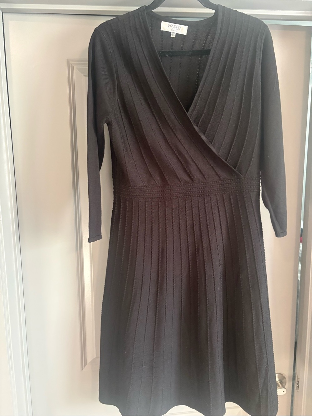 Kasper Black Ribbed Wrap-Style Long Sleeve Dress
